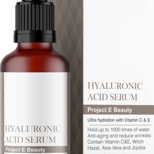 Project E Beauty Hyaluronic Acid Serum with Vitamin C & Vitamin E Plumping, Anti-Aging, Hydrating, Moisturizing, Dark Spot Remover for Skin, Facial & Eyes Treatment 1oz