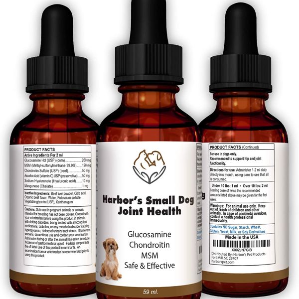 Harbor's Small Dog Joint Health 59ml - Supplement Liquid for Fast Pain Relief, Smooth Younger Hips. Natural Nutrients Glucosamine, MSM, Chondroitin, Hyaluronic Acid, Yummy Organic Beef Flavor