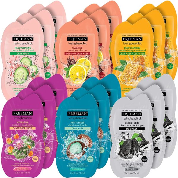 Freeman Facial Mask Variety Pack: Oil Absorbing and Anti Stress Clay, Detoxifying Charcoal Mud, Clearing Peel Off, Hydrating Water Gel Beauty Face Masks, 18 count
